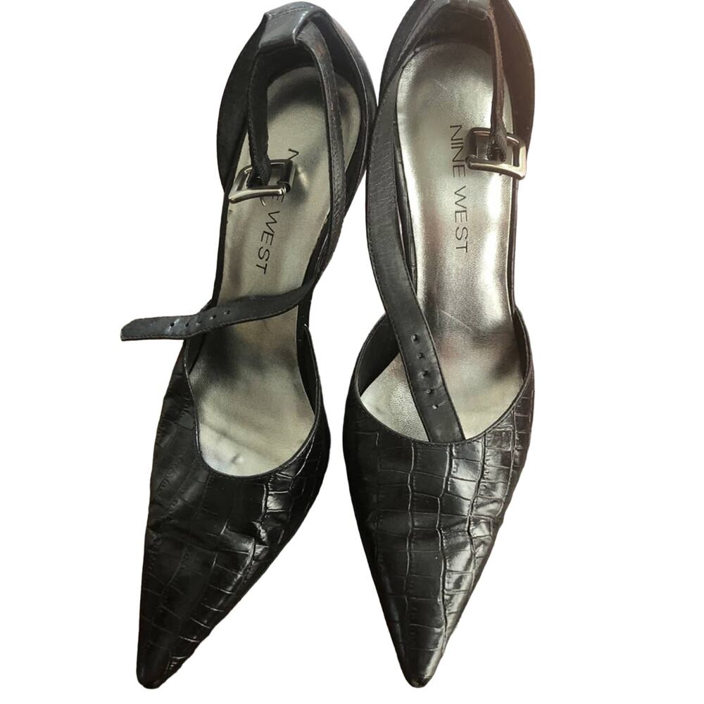 Vintage Nine West Black Point Toe Heels y2k Faux Leather Alligator Women 7M